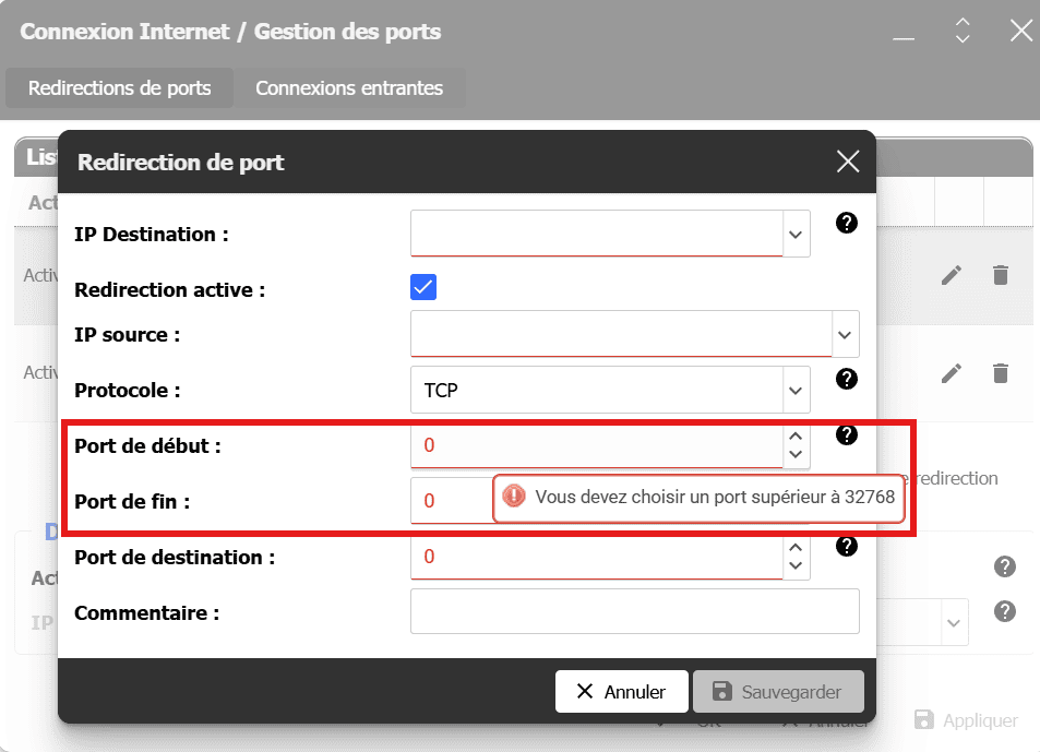 Gestion des ports → Ajouter une redirection