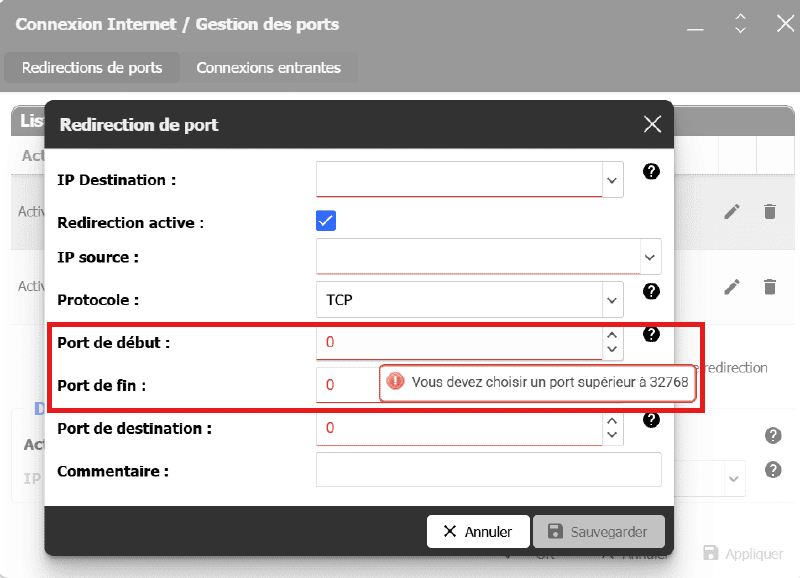 Gestion des ports → Ajouter une redirection