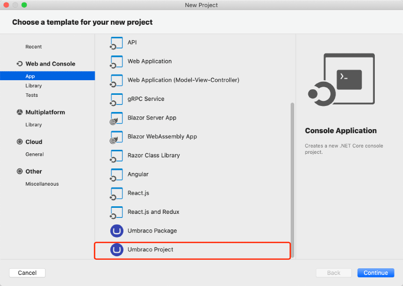 Go to Web and Console > App Section, and select Umbraco Project, navigate to the next step by clicking Continue.