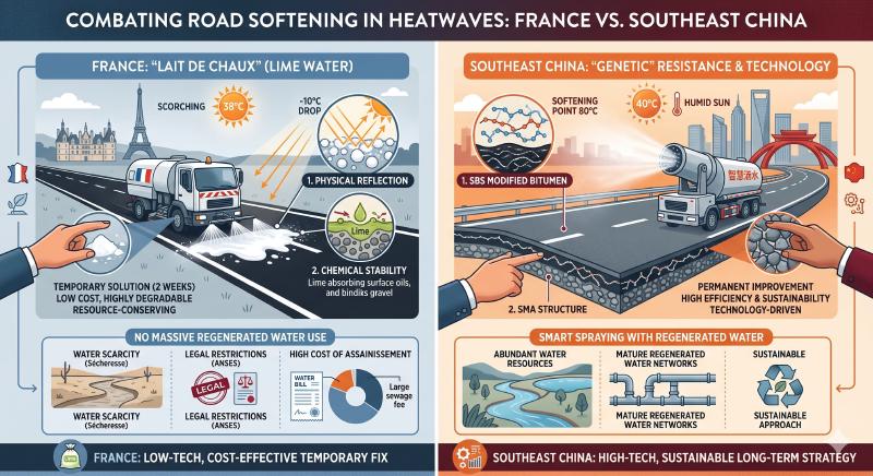 combating road softening in heatwaves France vs southeast China
