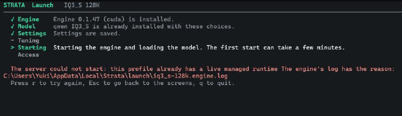 strata launch launch error message, The server could not start: this profile already has a live managed runtime