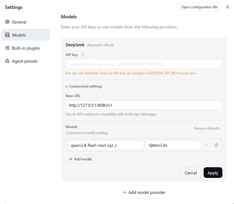 DeepSeek Harness model config page